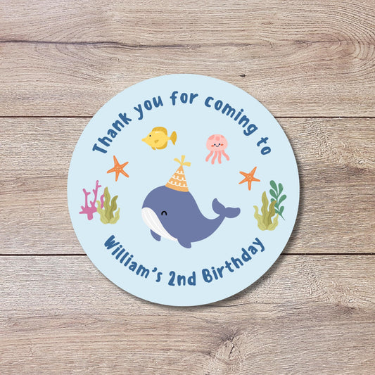 Personalized Under the Sea Creatures Whale Birthday Stickers, Custom Thank You Party Favor Gift Bags Labels