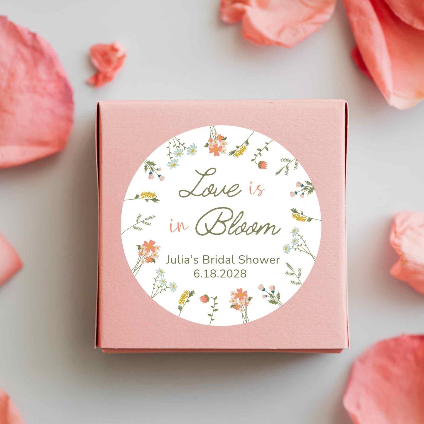 Love is in Bloom Wildflower Floral Wreath Bridal Shower Personalized Stickers, Custom Thank You Labels
