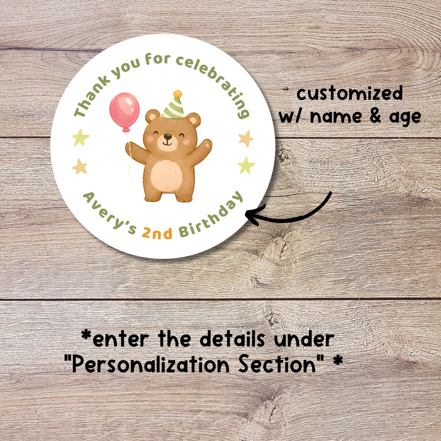 Personalized Bear Kids First Birthday Stickers, Custom Thank You Beary Much Party Favor Gift Bags Labels