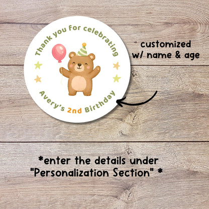Personalized Bear Kids First Birthday Stickers, Custom Thank You Beary Much Party Favor Gift Bags Labels