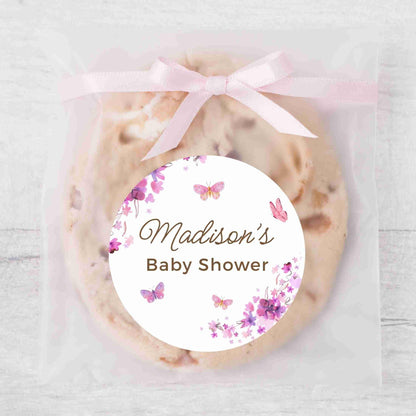 Personalized Pink Purple Butterfly Floral Baby Shower Stickers, Thank You for Coming Party Gift Labels