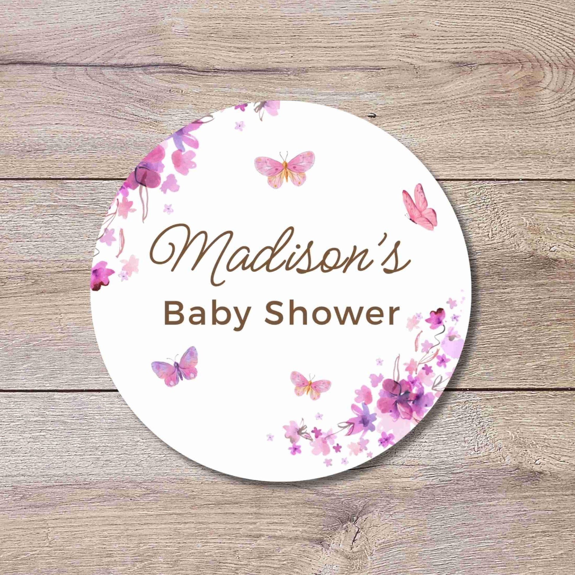 Personalized Pink Purple Butterfly Floral Baby Shower Stickers, Thank You for Coming Party Gift Labels