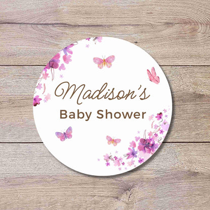 Personalized Pink Purple Butterfly Floral Baby Shower Stickers, Thank You for Coming Party Gift Labels