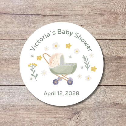 Personalized Floral Baby Carriage Stickers, Custom Baby Shower Thank You for Showering Labels
