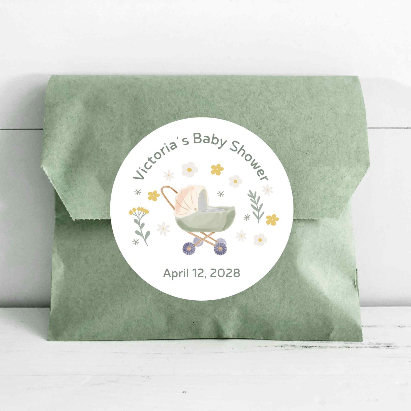 Personalized Floral Baby Carriage Stickers, Custom Baby Shower Thank You for Showering Labels