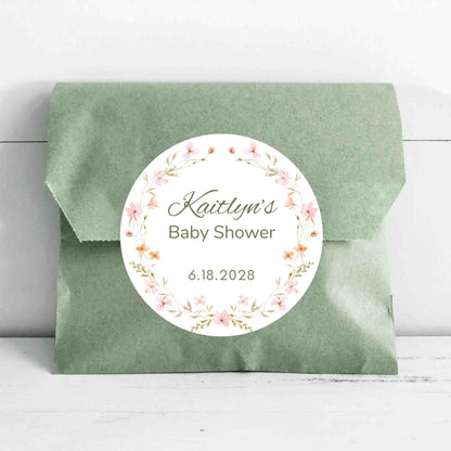 Personalized Floral Baby Shower Stickers, Custom Thank You for Showering Pink Wildflower Labels