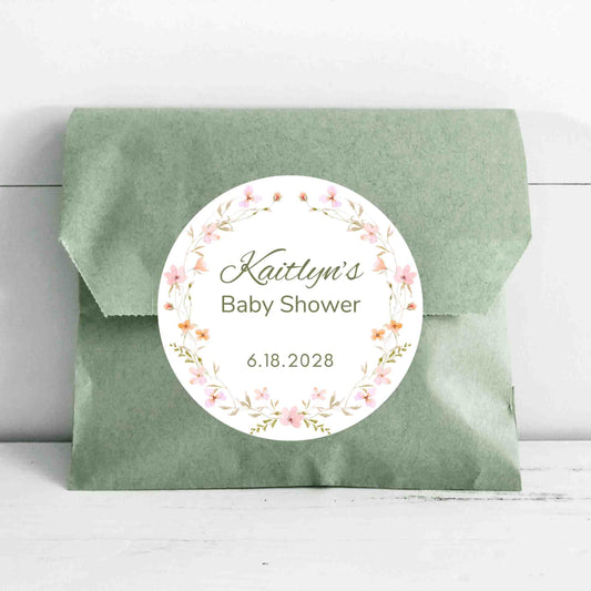 Personalized Floral Baby Shower Stickers, Custom Thank You for Showering Pink Wildflower Labels