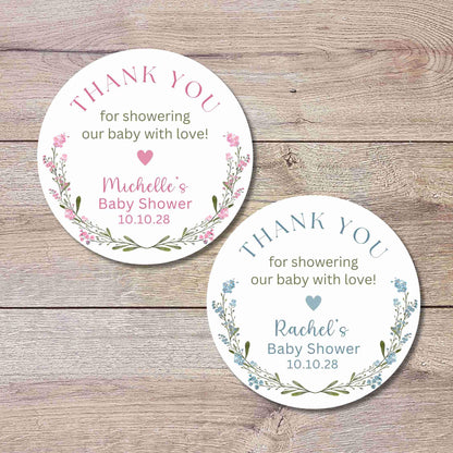 Personalized Floral Baby Shower Stickers, Custom Thank You for Showering Girls Boys Baby Sprinkle Labels