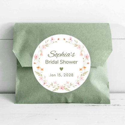 Wildflower Floral Wreath Bridal Shower Personalized Stickers, Custom Thank You Labels for Baby, Birthday, Wedding or Any Events