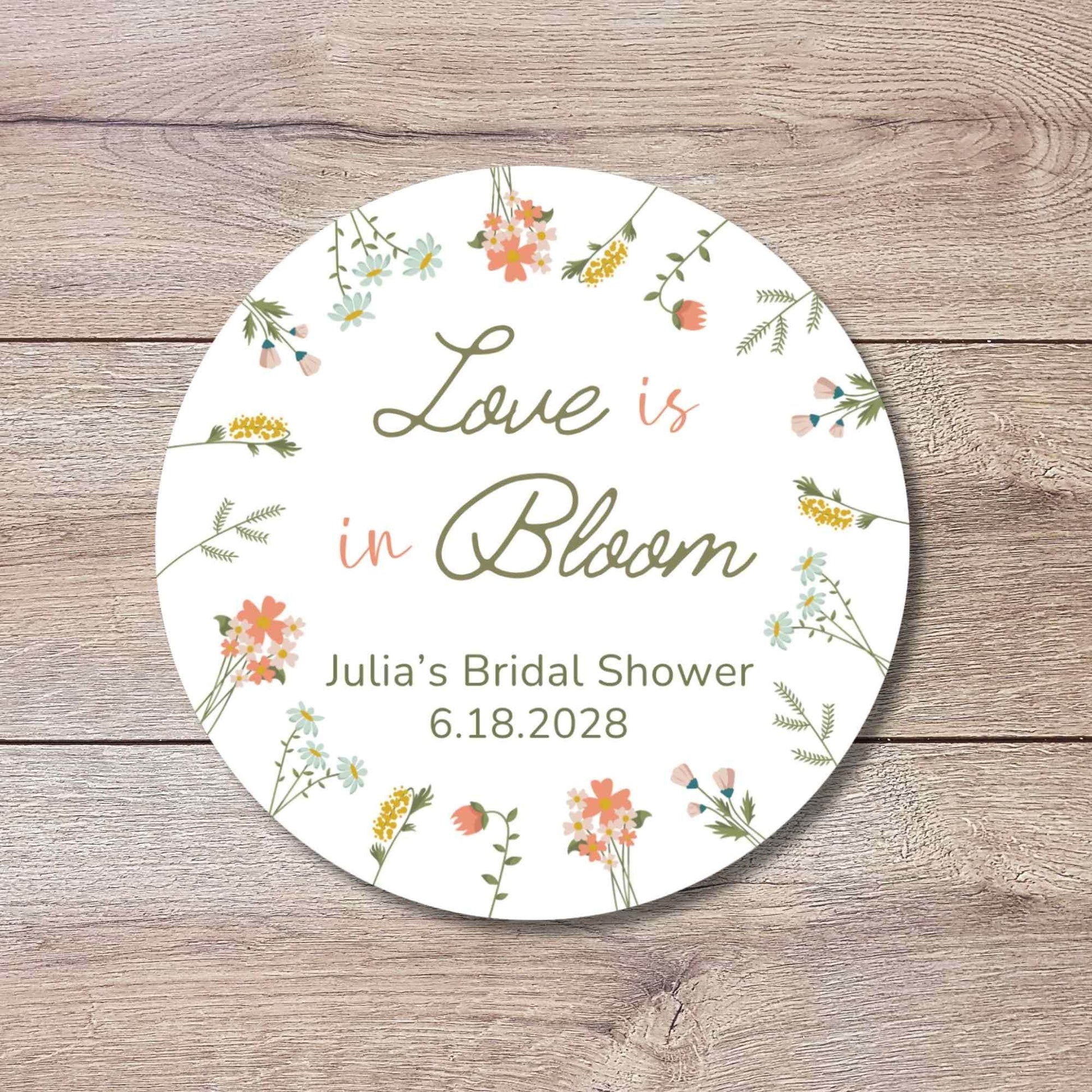 Love is in Bloom Wildflower Floral Wreath Bridal Shower Personalized Stickers, Custom Thank You Labels