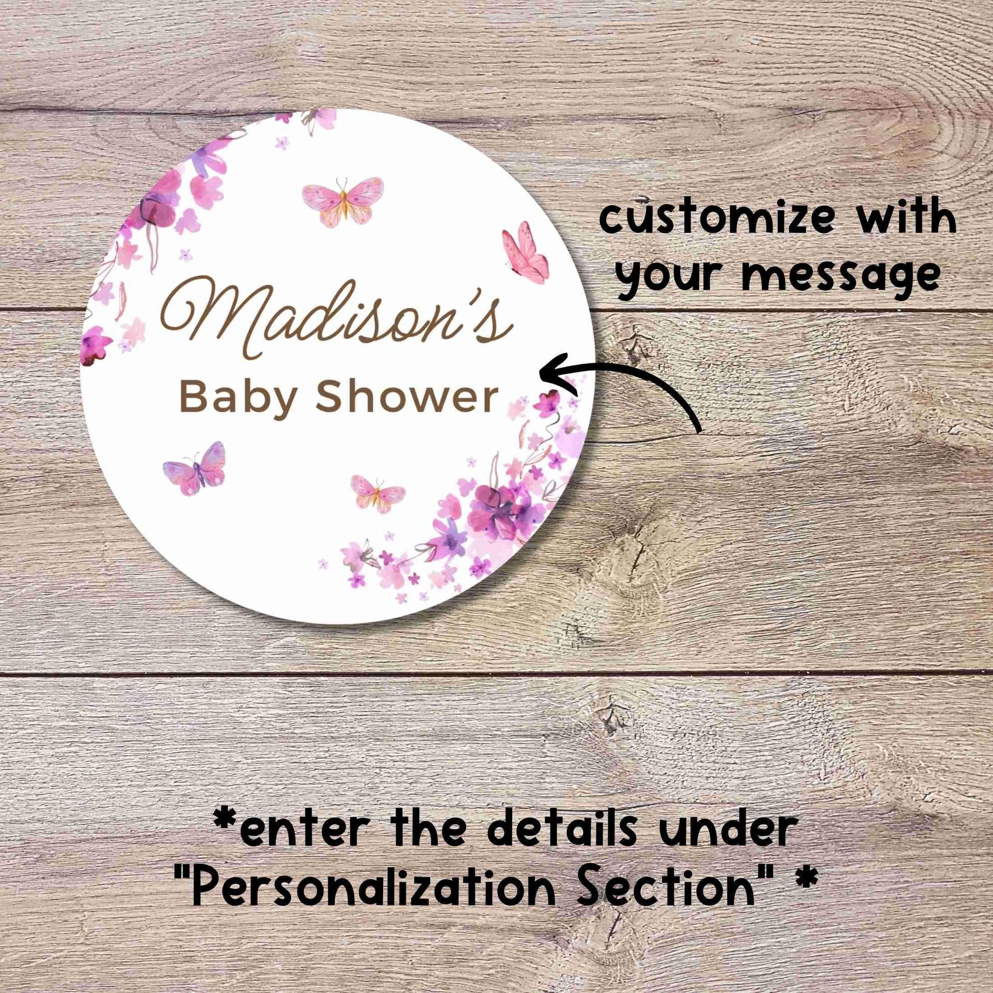 Personalized Pink Purple Butterfly Floral Baby Shower Stickers, Thank You for Coming Party Gift Labels