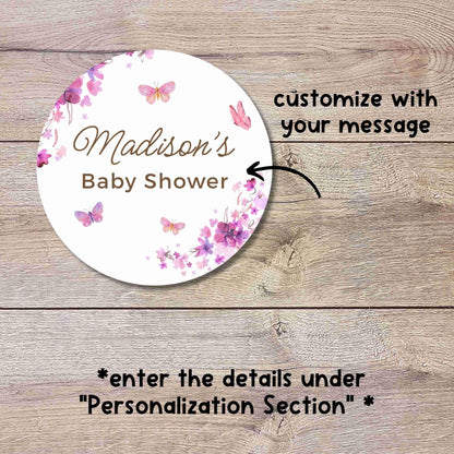 Personalized Pink Purple Butterfly Floral Baby Shower Stickers, Thank You for Coming Party Gift Labels