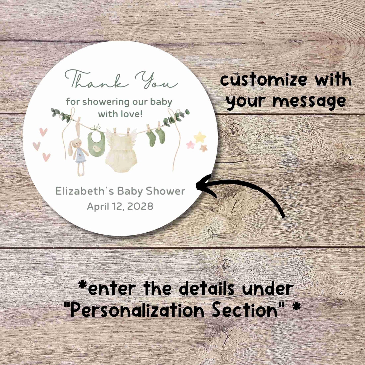 Custom Clothesline Baby Shower Stickers, Personalized Boy Girl Thank You for Coming Party Gift Labels