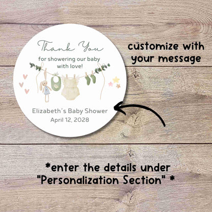 Custom Clothesline Baby Shower Stickers, Personalized Boy Girl Thank You for Coming Party Gift Labels