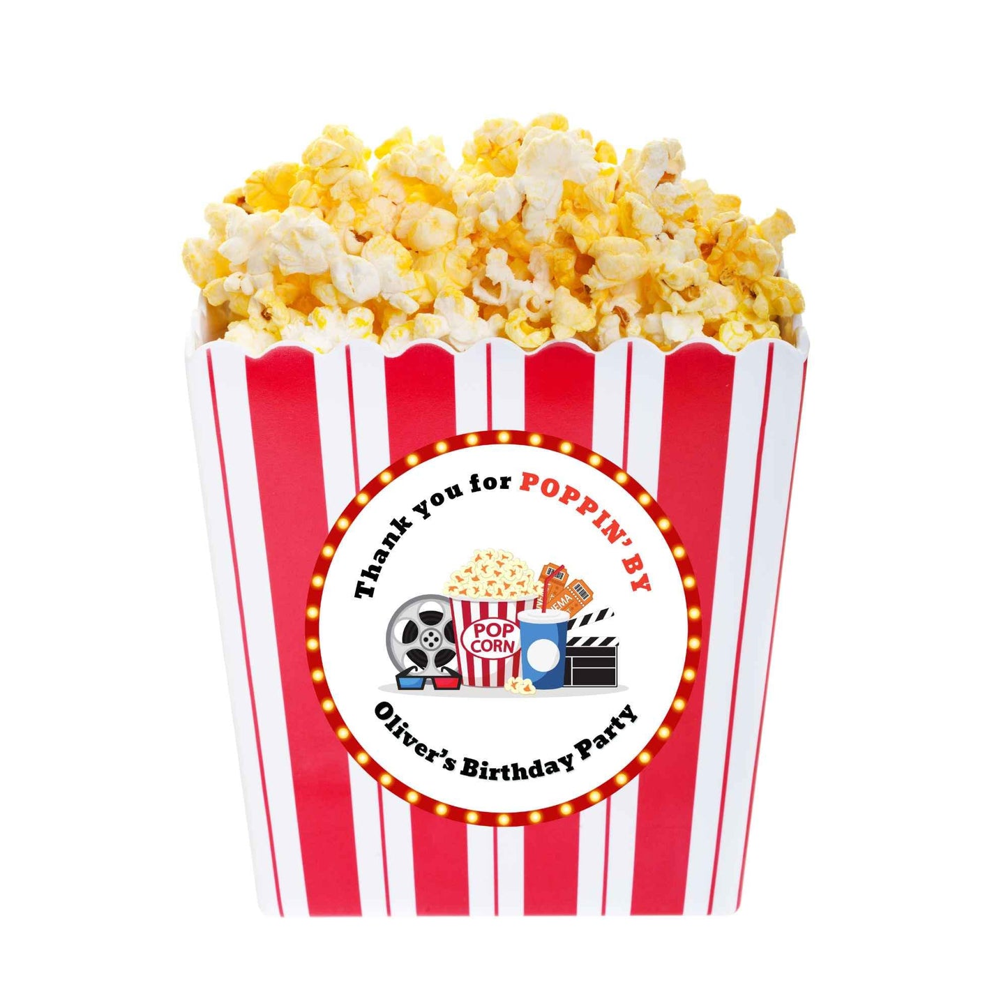 Personalized Thank You Poppin By Popcorn Birthday Stickers, Custom Movie Night Party Favor Gift Bags Labels