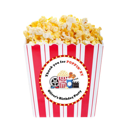 Personalized Thank You Poppin By Popcorn Birthday Stickers, Custom Movie Night Party Favor Gift Bags Labels