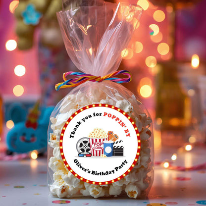 Personalized Thank You Poppin By Popcorn Birthday Stickers, Custom Movie Night Party Favor Gift Bags Labels