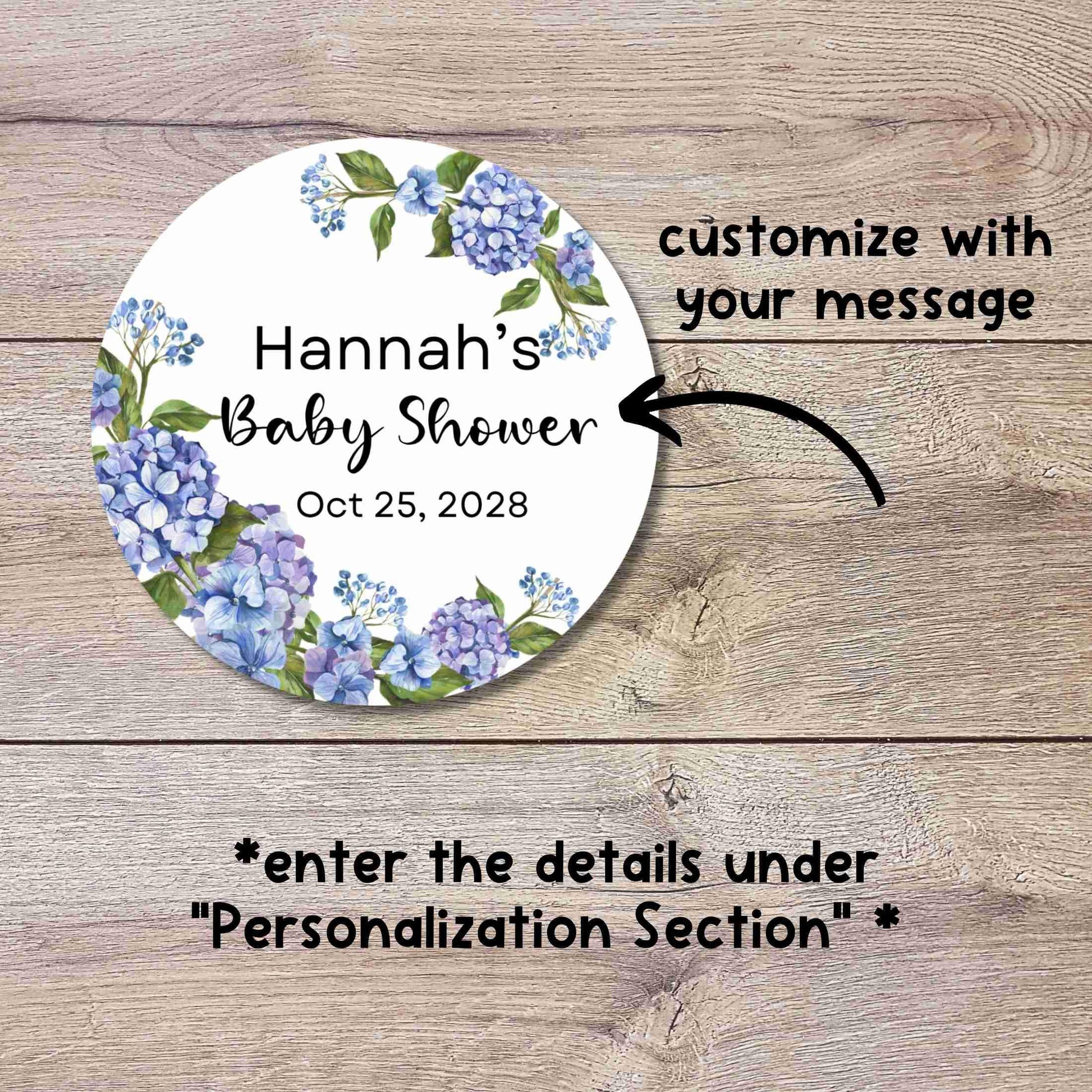 Personalized Hydrangea Floral Baby Shower Stickers, Custom Baby Sprinkle Thank You Party Favor Gift Labels