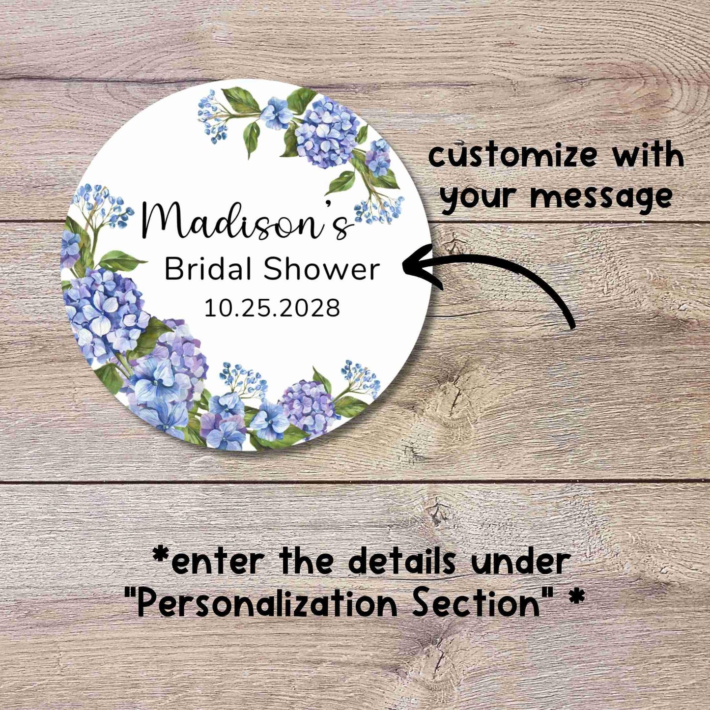 Hydrangea Floral Bridal Shower Favor Stickers, Custom Thank You Labels, Personalized Bridal Shower Bride-to-Be Party Favor