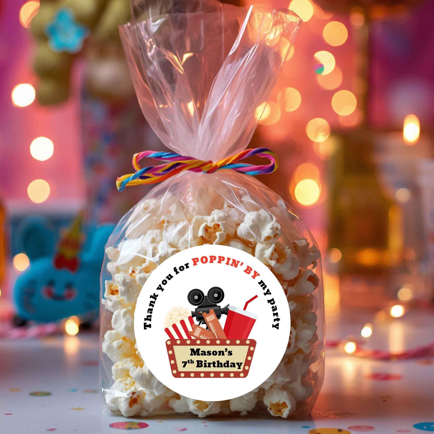 Personalized Poppin By Popcorn Movie Night Birthday Stickers, Custom Thank You Party Favor Gift Bags Labels