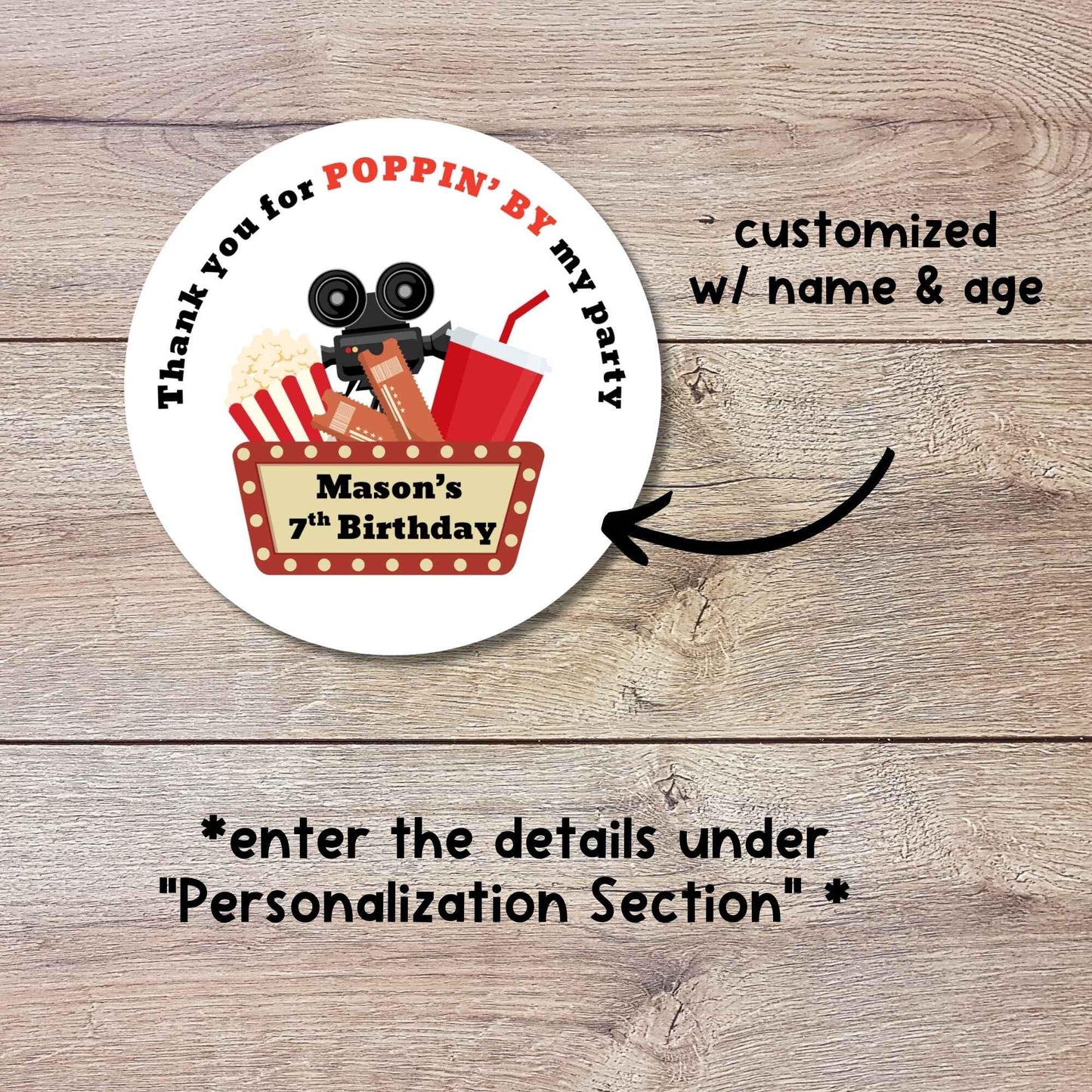 Personalized Poppin By Popcorn Movie Night Birthday Stickers, Custom Thank You Party Favor Gift Bags Labels