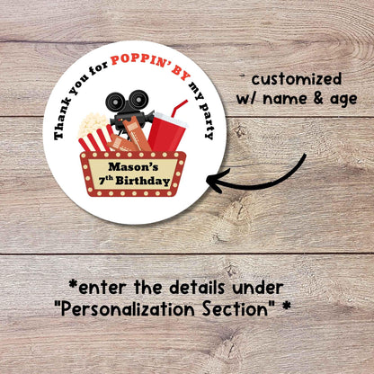 Personalized Poppin By Popcorn Movie Night Birthday Stickers, Custom Thank You Party Favor Gift Bags Labels