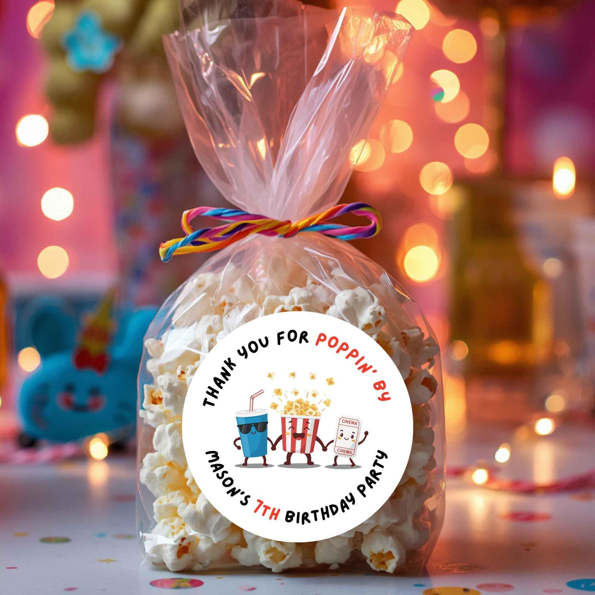 Personalized Thank You Poppin By Popcorn Birthday Stickers, Custom Movie Night Party Favor Gift Bags Labels