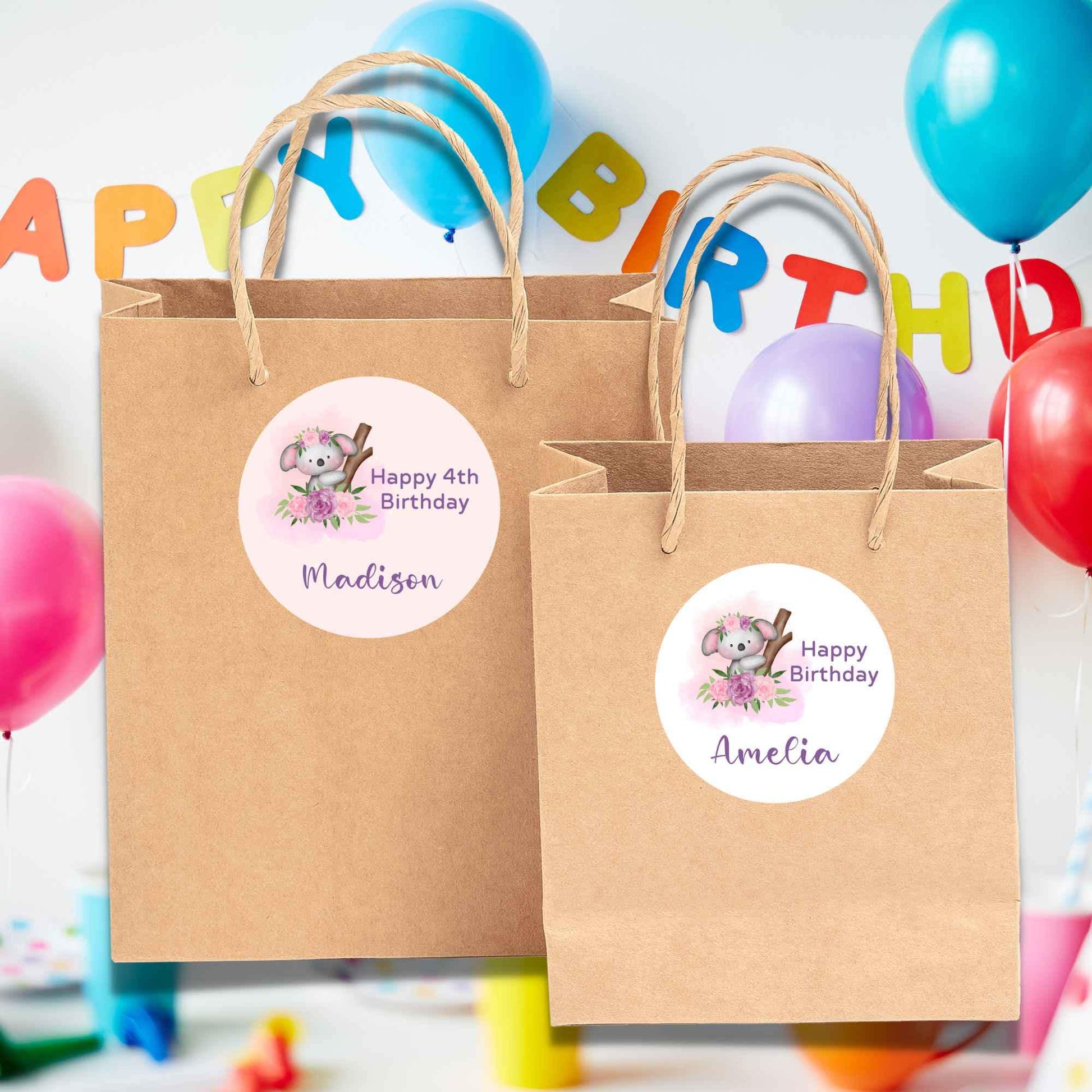 Personalized Floral Koala Bear Birthday Sticker, Custom Kids Party Favor Gift Bag Labels
