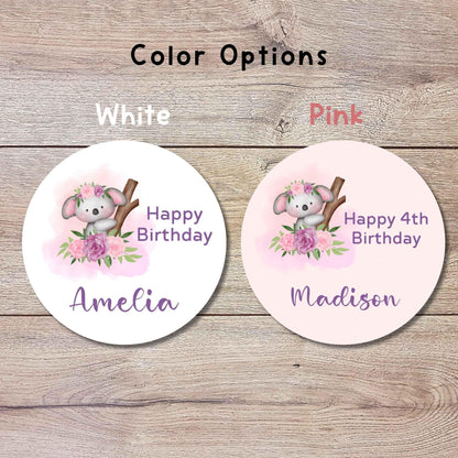 Personalized Floral Koala Bear Birthday Sticker, Custom Kids Party Favor Gift Bag Labels