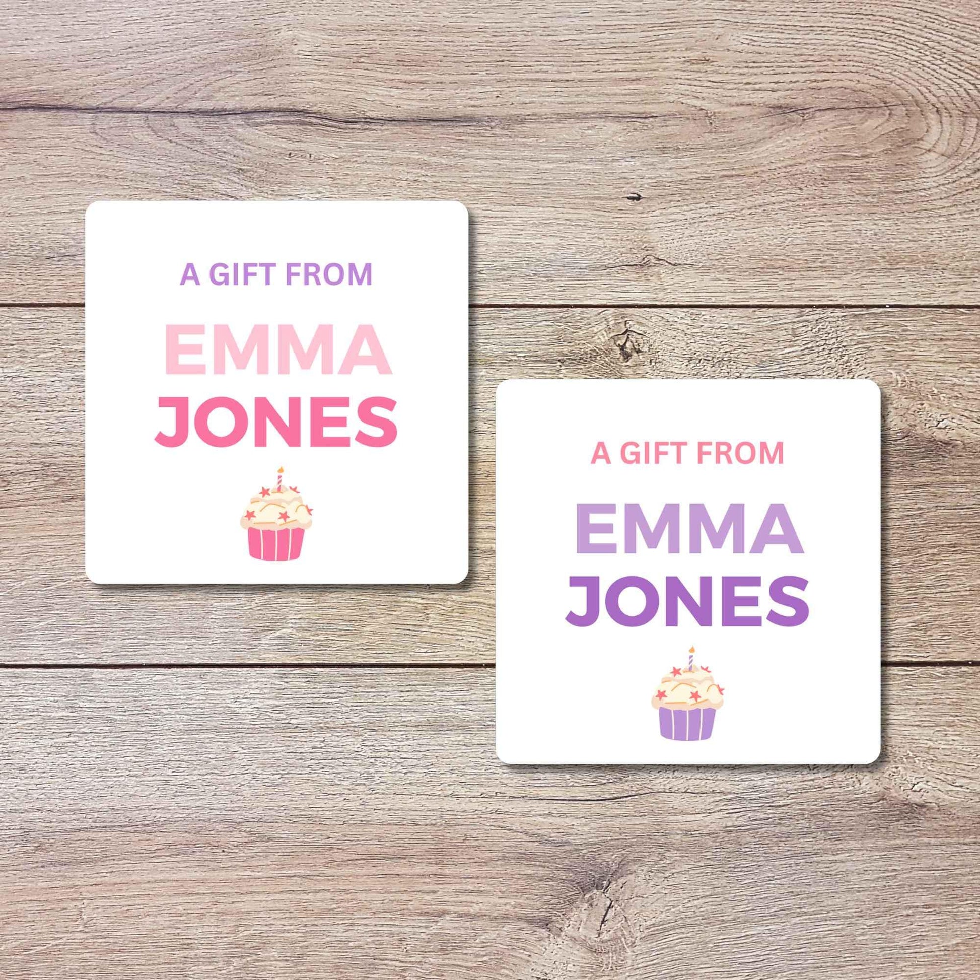 Personalized A Gift From Birthday Cupcake Square Stickers, Custom Kids Party Favor Teacher Gift Bags Labels