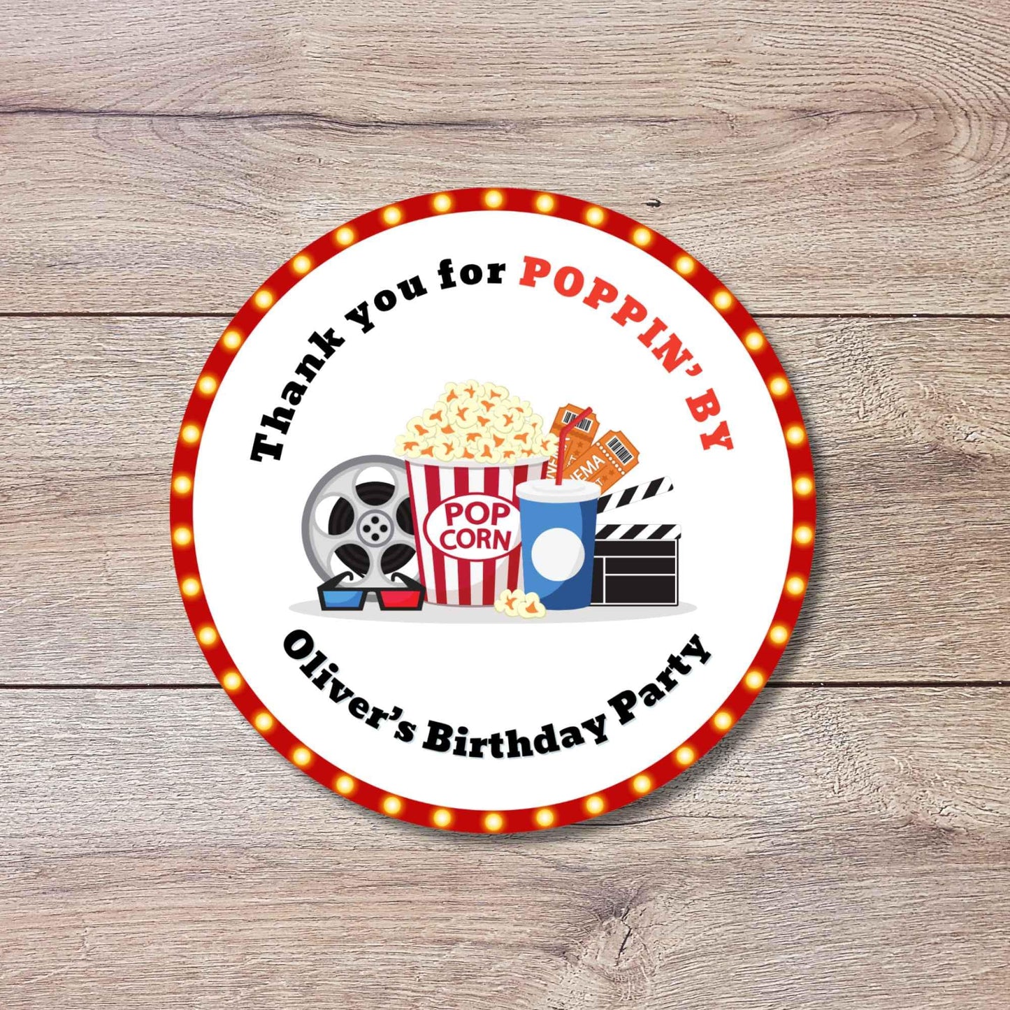 Personalized Thank You Poppin By Popcorn Birthday Stickers, Custom Movie Night Party Favor Gift Bags Labels