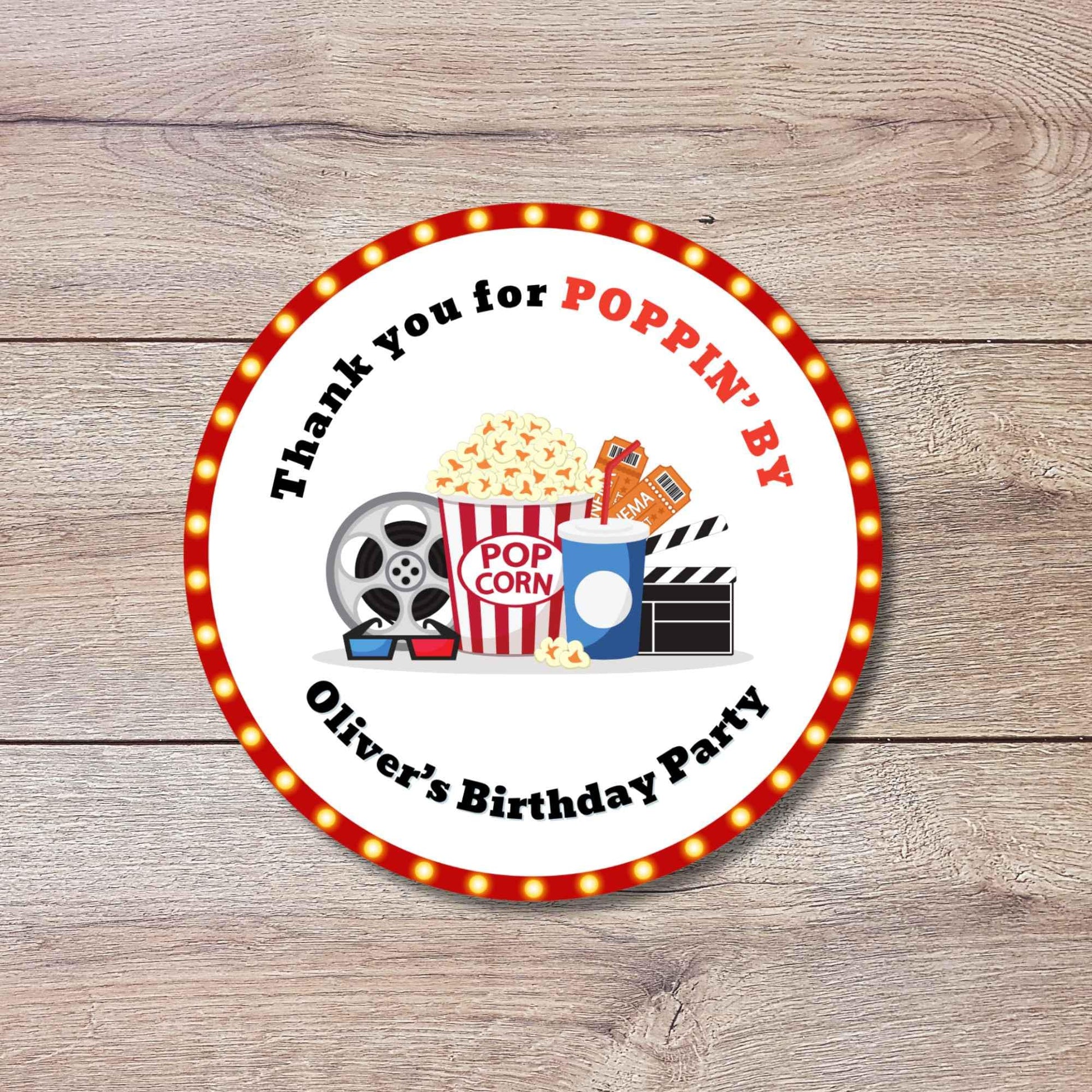Personalized Thank You Poppin By Popcorn Birthday Stickers, Custom Movie Night Party Favor Gift Bags Labels