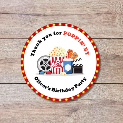 Personalized Thank You Poppin By Popcorn Birthday Stickers, Custom Movie Night Party Favor Gift Bags Labels
