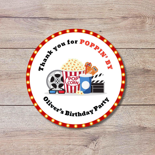 Personalized Thank You Poppin By Popcorn Birthday Stickers, Custom Movie Night Party Favor Gift Bags Labels