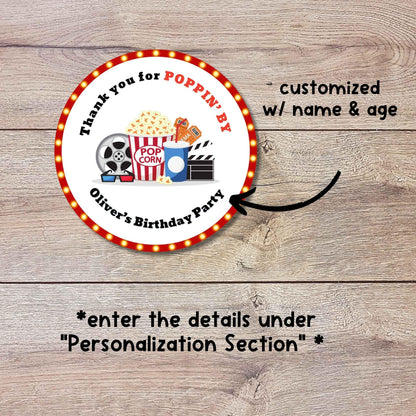 Personalized Thank You Poppin By Popcorn Birthday Stickers, Custom Movie Night Party Favor Gift Bags Labels