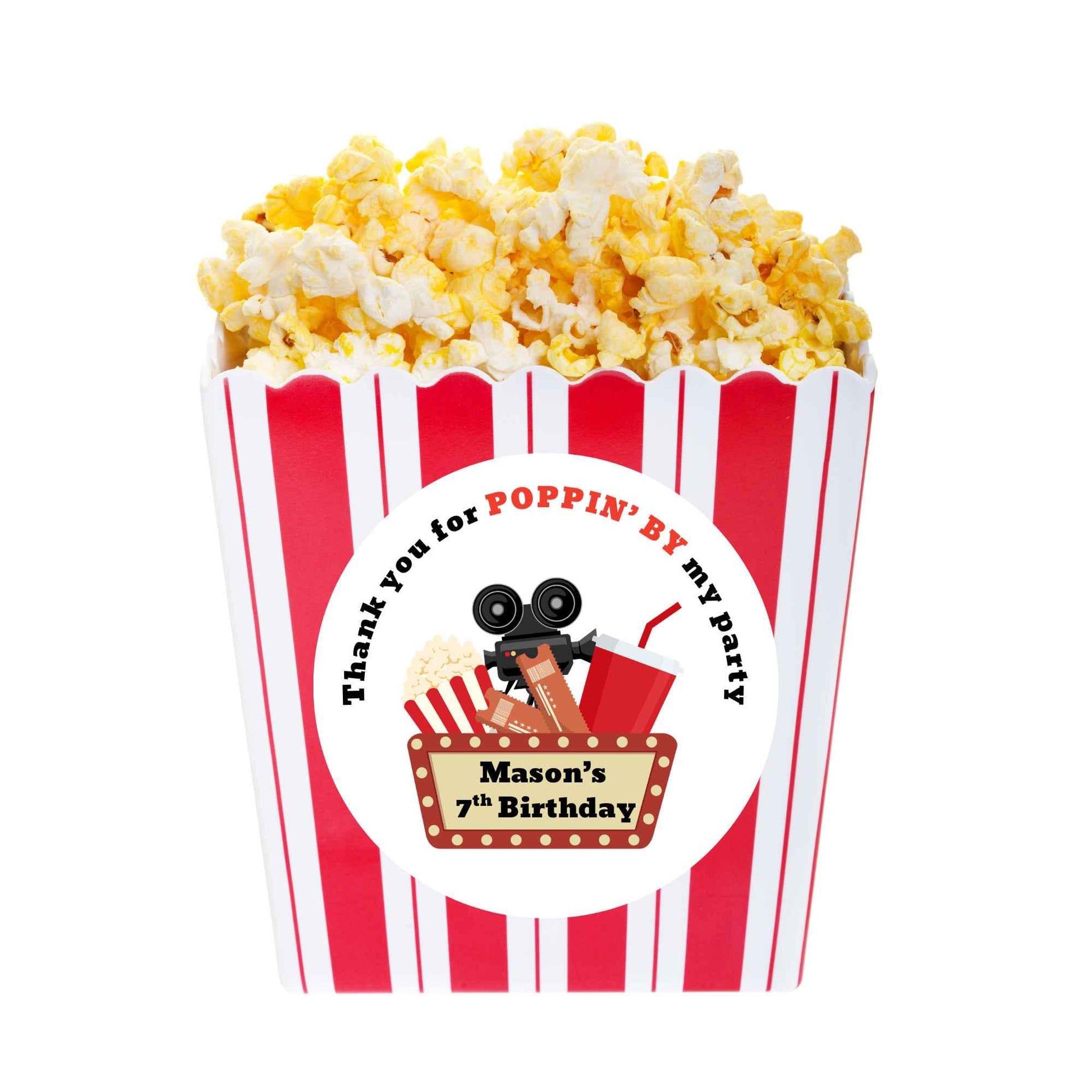 Personalized Poppin By Popcorn Movie Night Birthday Stickers, Custom Thank You Party Favor Gift Bags Labels