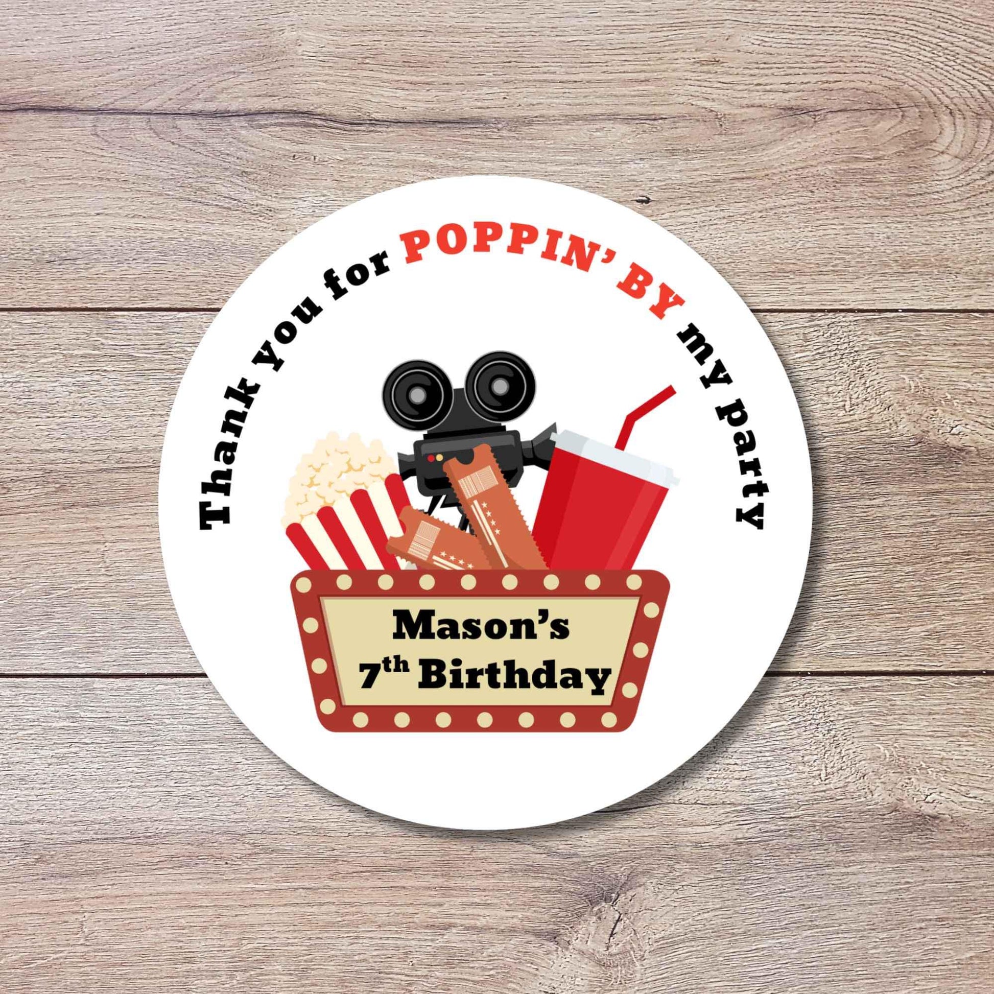 Personalized Poppin By Popcorn Movie Night Birthday Stickers, Custom Thank You Party Favor Gift Bags Labels