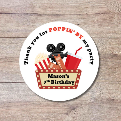 Personalized Poppin By Popcorn Movie Night Birthday Stickers, Custom Thank You Party Favor Gift Bags Labels
