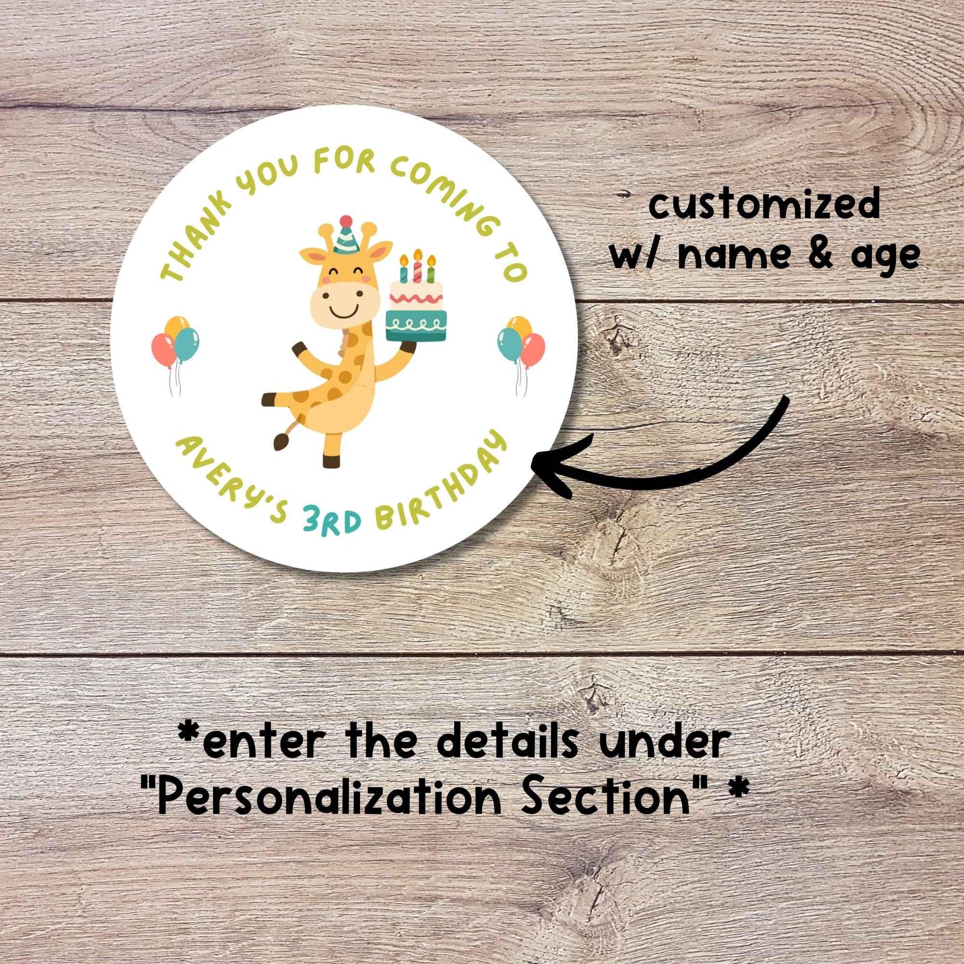 Personalized Giraffe Birthday Stickers, Custom Wild Safari Jungle Kids Thank You Party Favor Labels