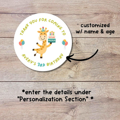 Personalized Giraffe Birthday Stickers, Custom Wild Safari Jungle Kids Thank You Party Favor Labels