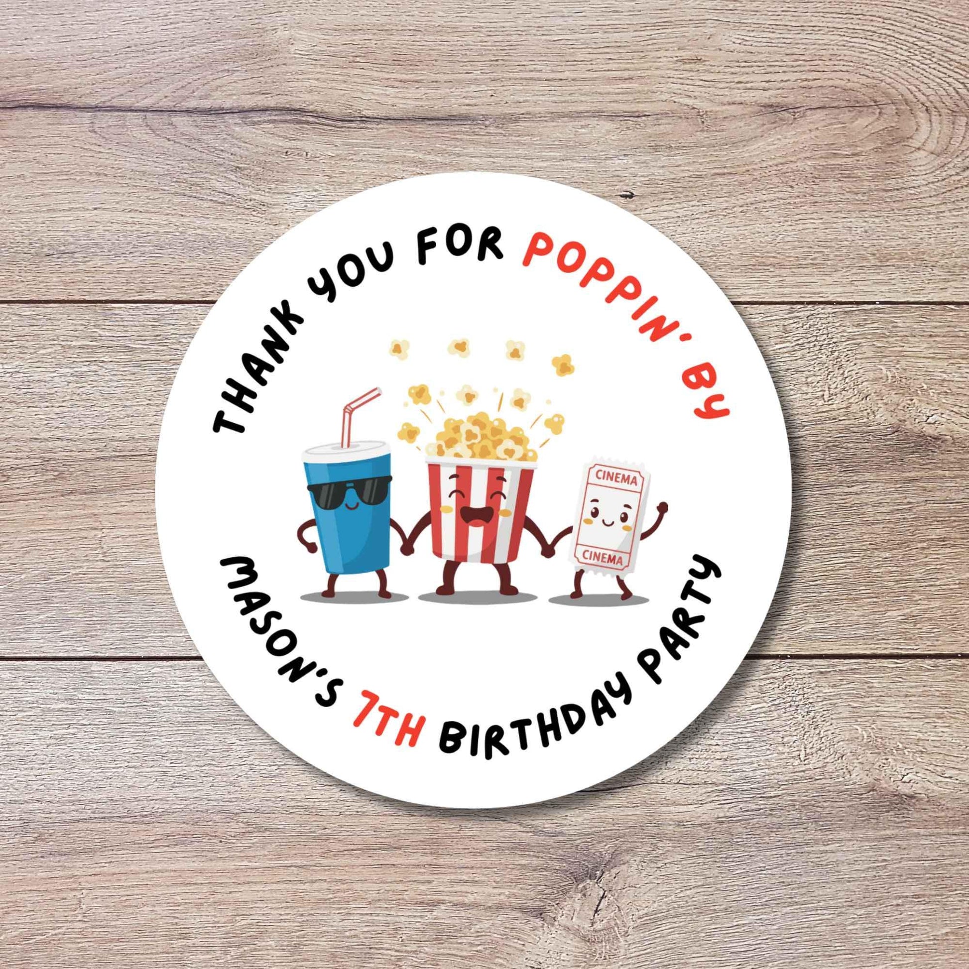 Personalized Thank You Poppin By Popcorn Birthday Stickers, Custom Movie Night Party Favor Gift Bags Labels