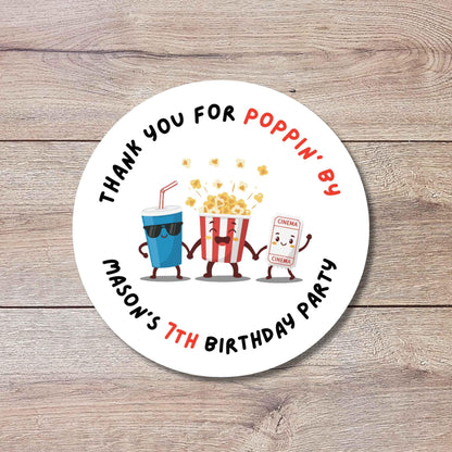 Personalized Thank You Poppin By Popcorn Birthday Stickers, Custom Movie Night Party Favor Gift Bags Labels