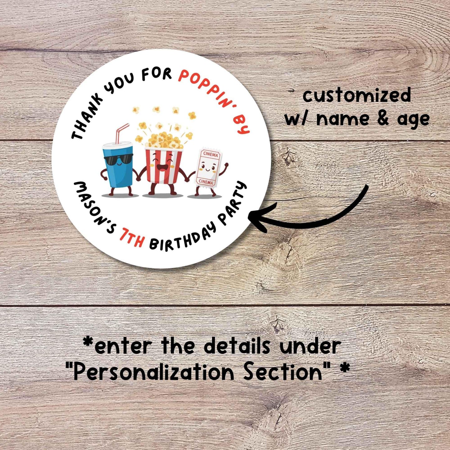 Personalized Thank You Poppin By Popcorn Birthday Stickers, Custom Movie Night Party Favor Gift Bags Labels