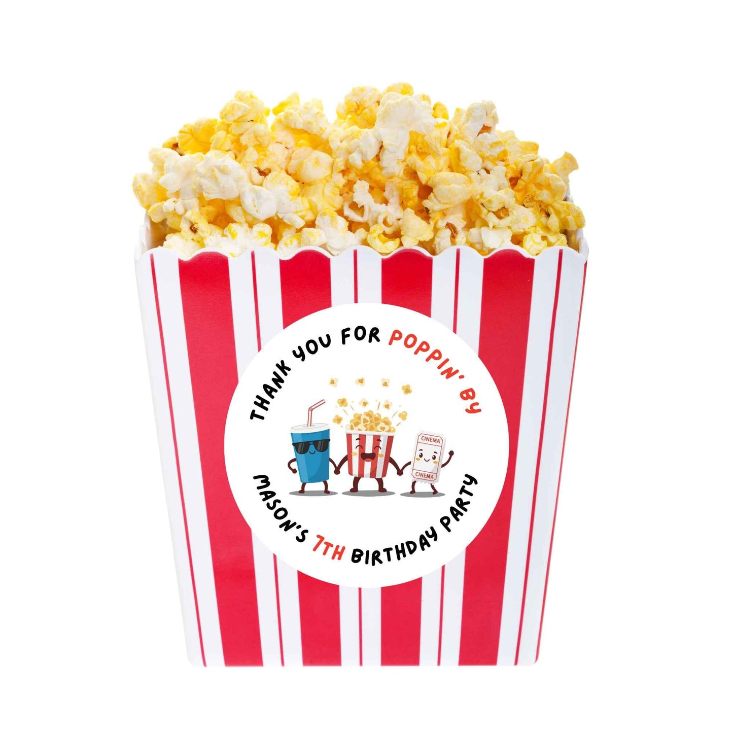 Personalized Thank You Poppin By Popcorn Birthday Stickers, Custom Movie Night Party Favor Gift Bags Labels