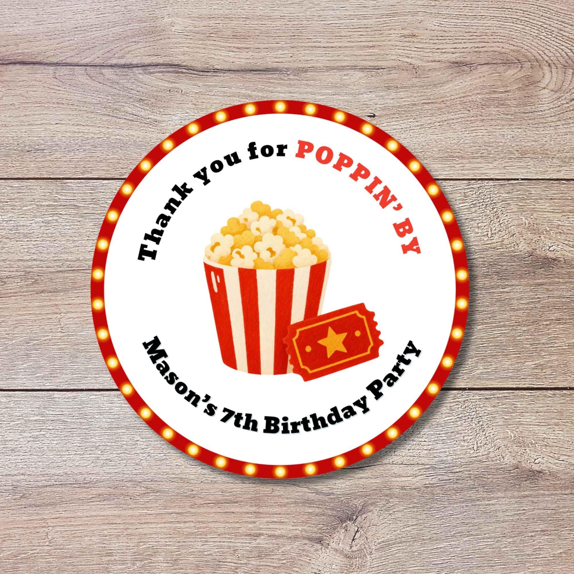 Personalized Thank You Poppin By Popcorn Movie Night Birthday Stickers, Custom Kids Party Favor Gift Bags Labels