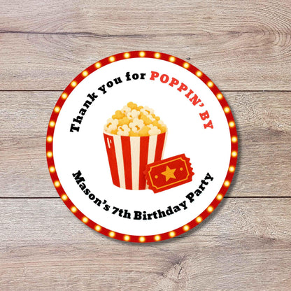 Personalized Thank You Poppin By Popcorn Movie Night Birthday Stickers, Custom Kids Party Favor Gift Bags Labels