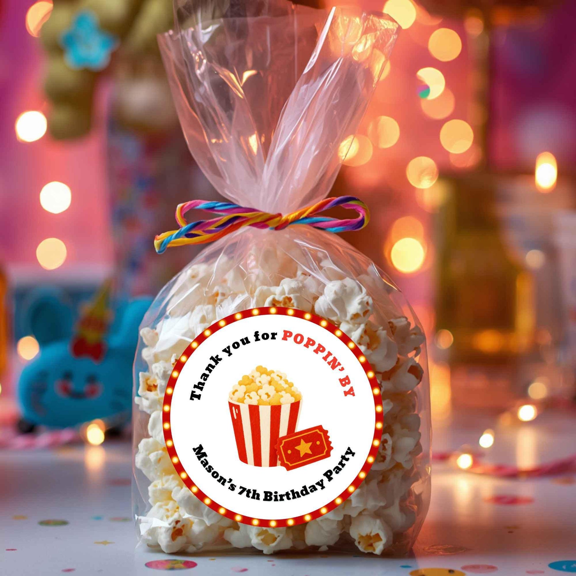 Personalized Thank You Poppin By Popcorn Movie Night Birthday Stickers, Custom Kids Party Favor Gift Bags Labels