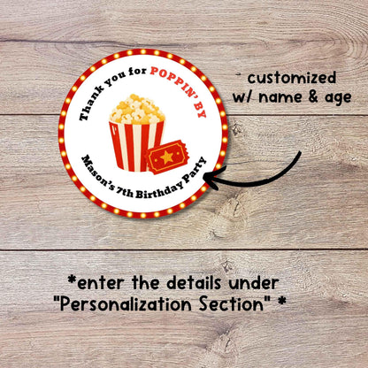 Personalized Thank You Poppin By Popcorn Movie Night Birthday Stickers, Custom Kids Party Favor Gift Bags Labels