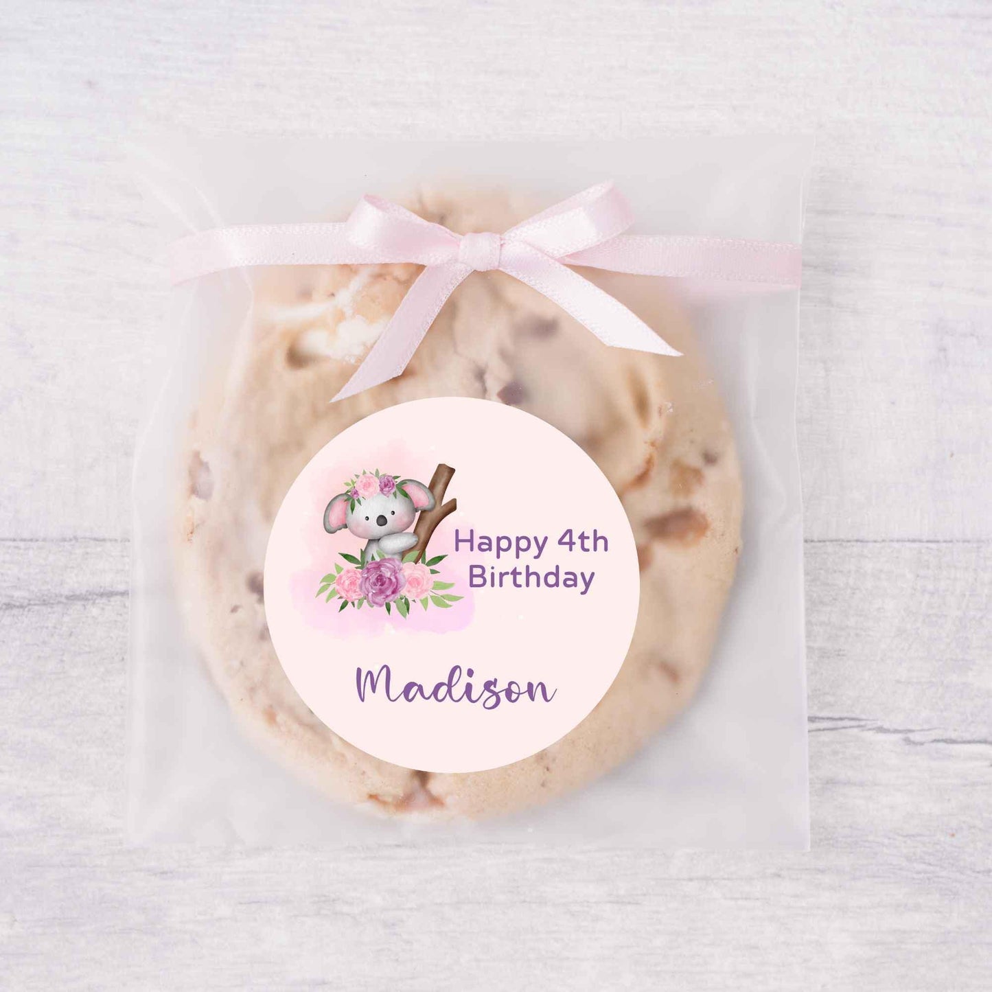 Personalized Floral Koala Bear Birthday Sticker, Custom Kids Party Favor Gift Bag Labels