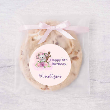 Personalized Floral Koala Bear Birthday Sticker, Custom Kids Party Favor Gift Bag Labels